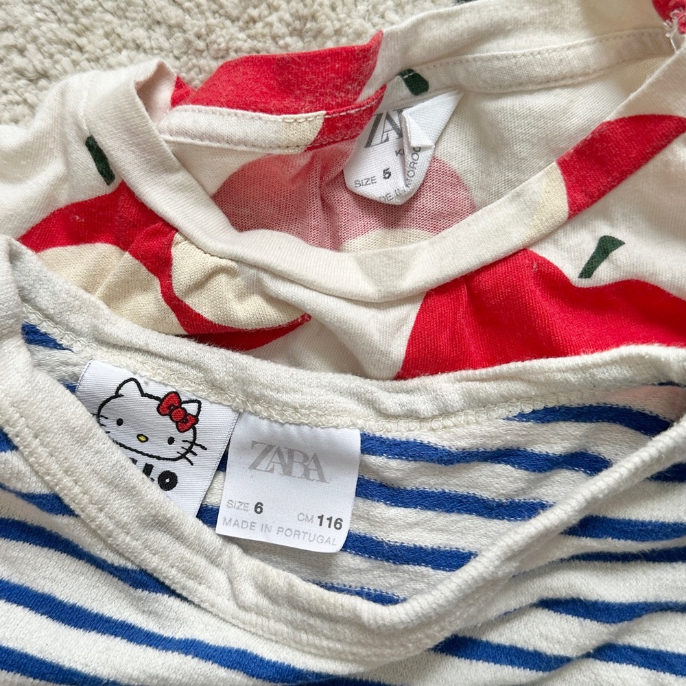 Zara Kids ✨Bundle✨Girls’ Blue Stripe Tee & Cream Apple Print Tees - Picture 2 of 2